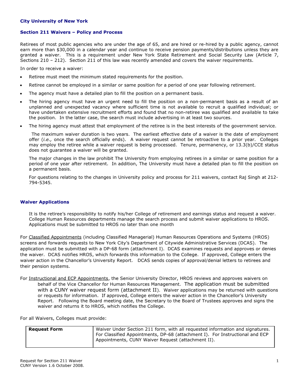 Processing Instructions For 211 Waiver Requests