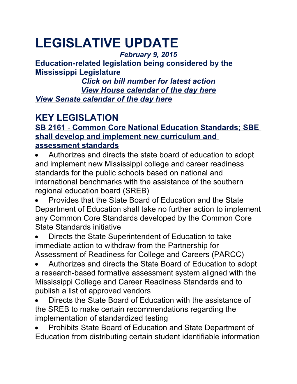 Education-Related Legislation Being Considered by the Mississippi Legislature