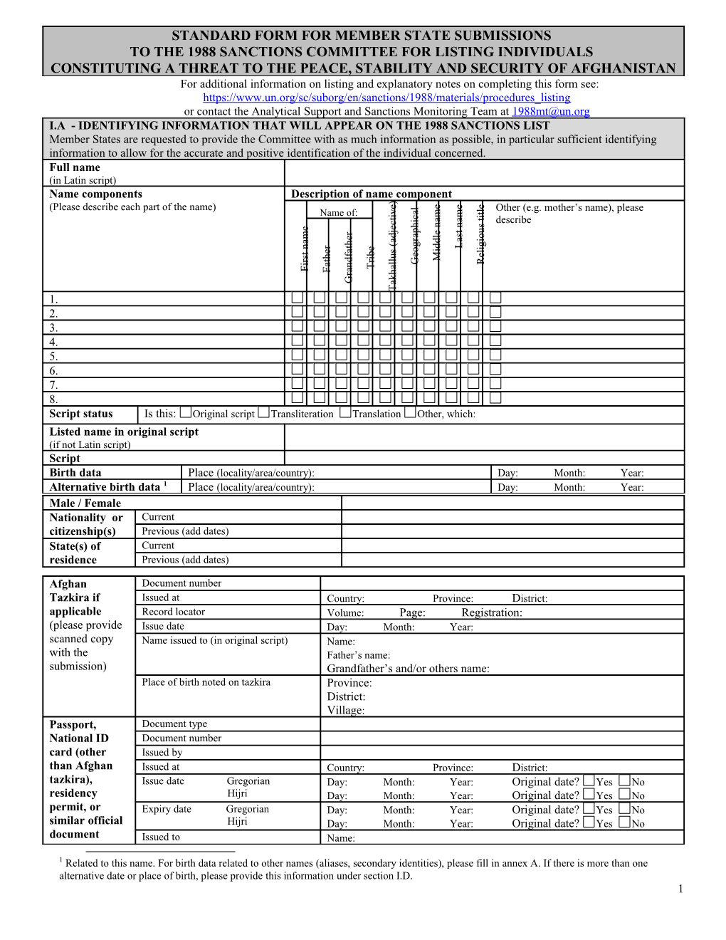 Consolidated List: Standard Form For Member State Submissions To The Committee For Listing Of Individuals