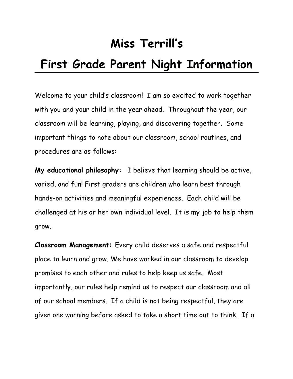 First Grade Parent Night Information
