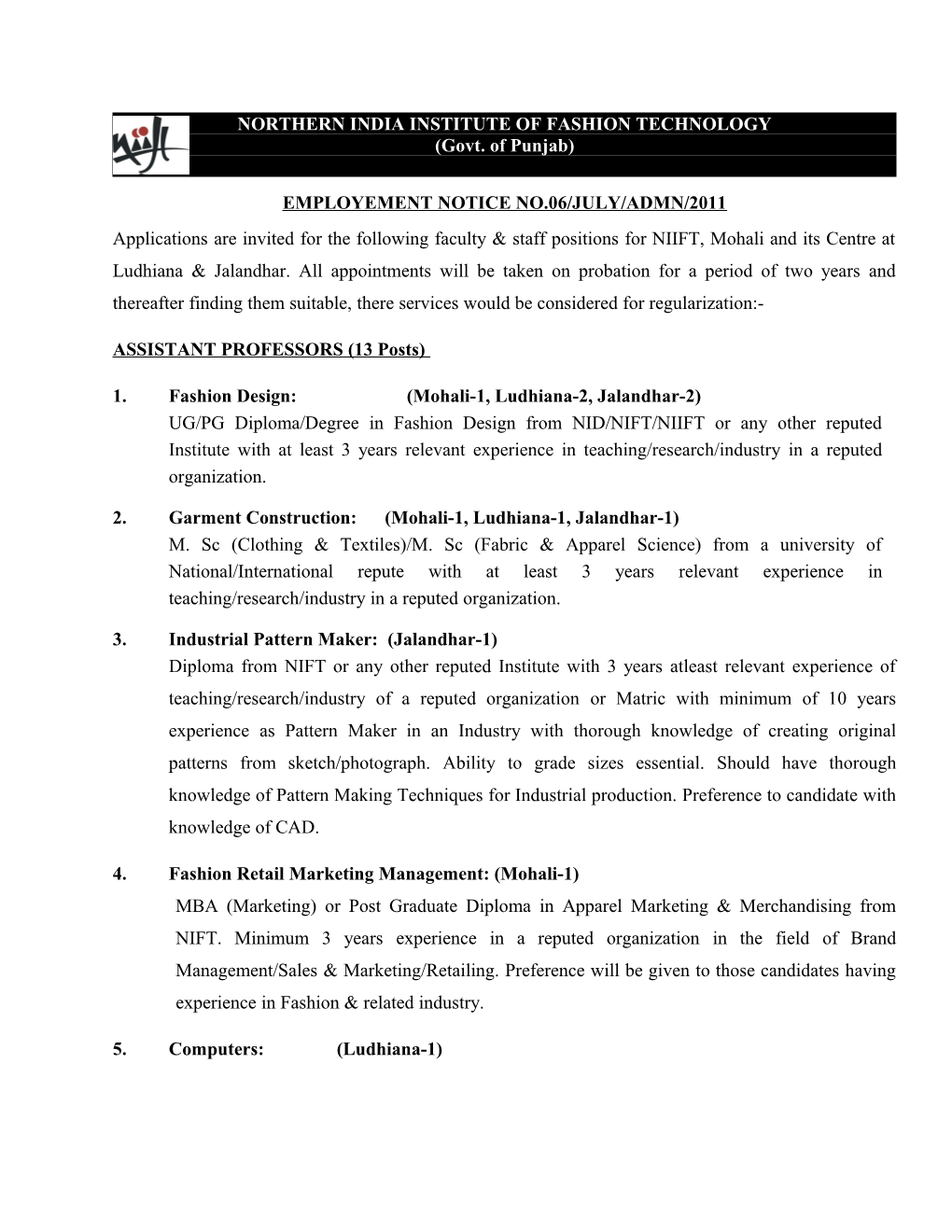 Employement Notice No.06/July/Admn/2011