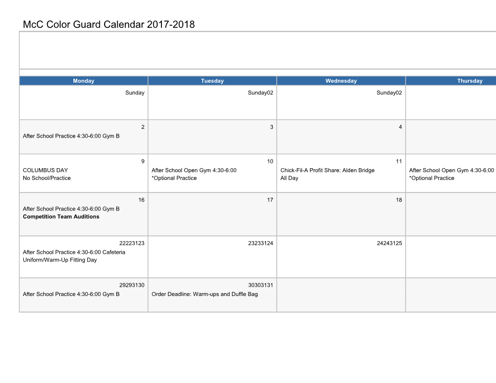 Mcc Color Guard Calendar 2017-2018