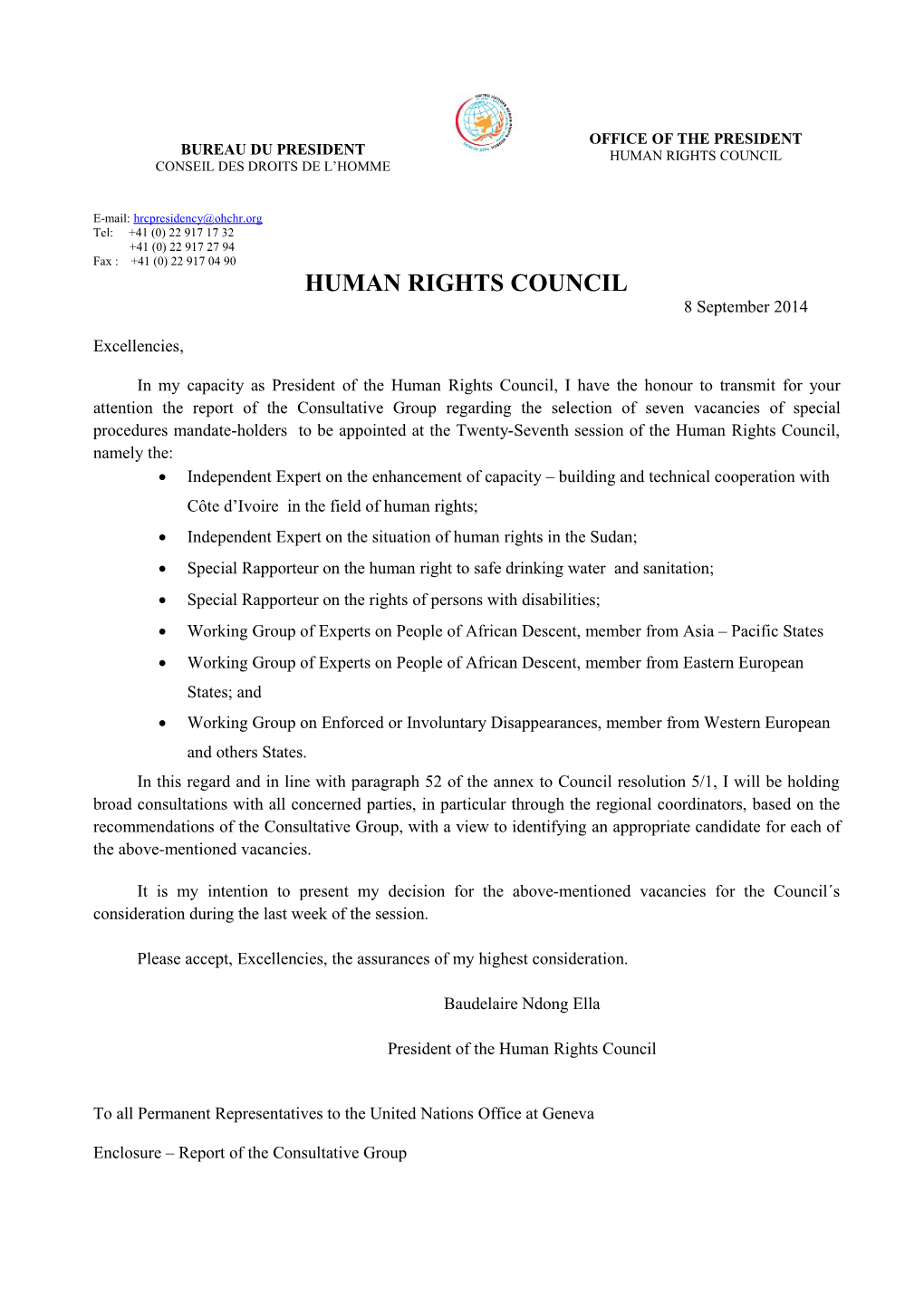 Letter of HRC President Transmitting CG Report on Selection and Appointment of 5 Mandate