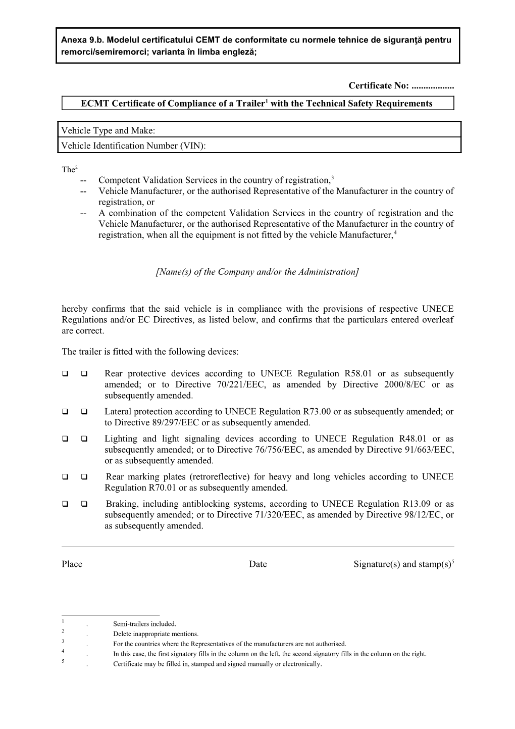 ECMT Certificate of Compliance of a Trailer 1 with the Technical Safety Requirements