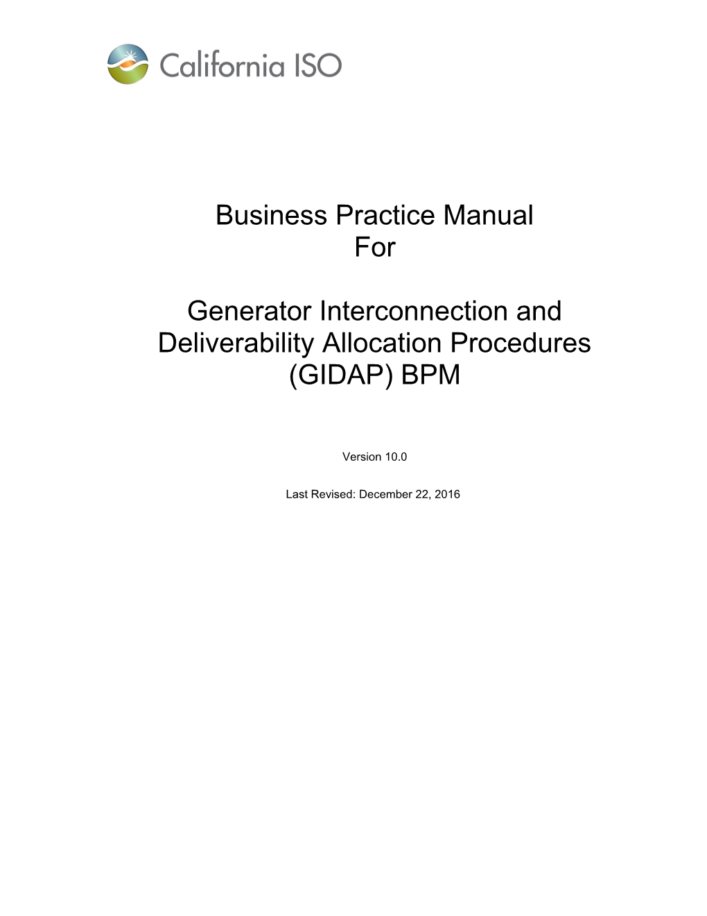 CAISO Business Practice Manualbpm for the Generator Interconnection and Deliverability