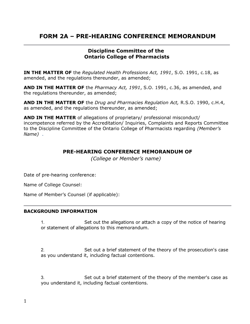 Form 2A Pre-Hearing Conference Memorandum