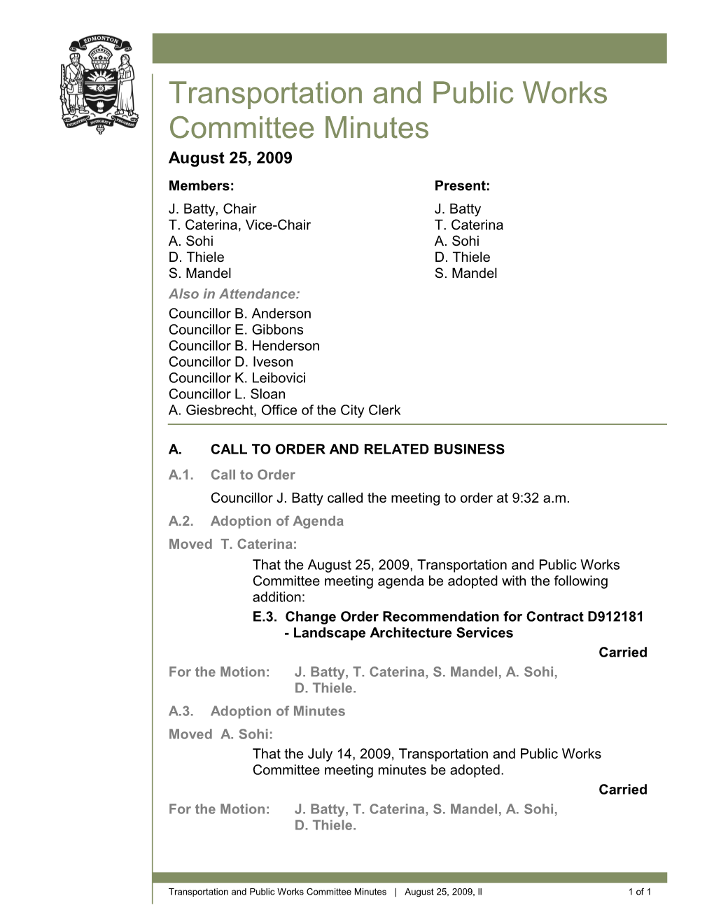 Minutes for Transportation and Public Works Committee August 25, 2009 Meeting