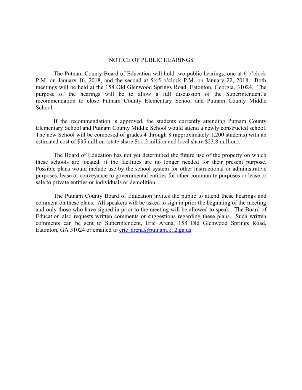 Notice of Public Hearings - School Closing (H311178)