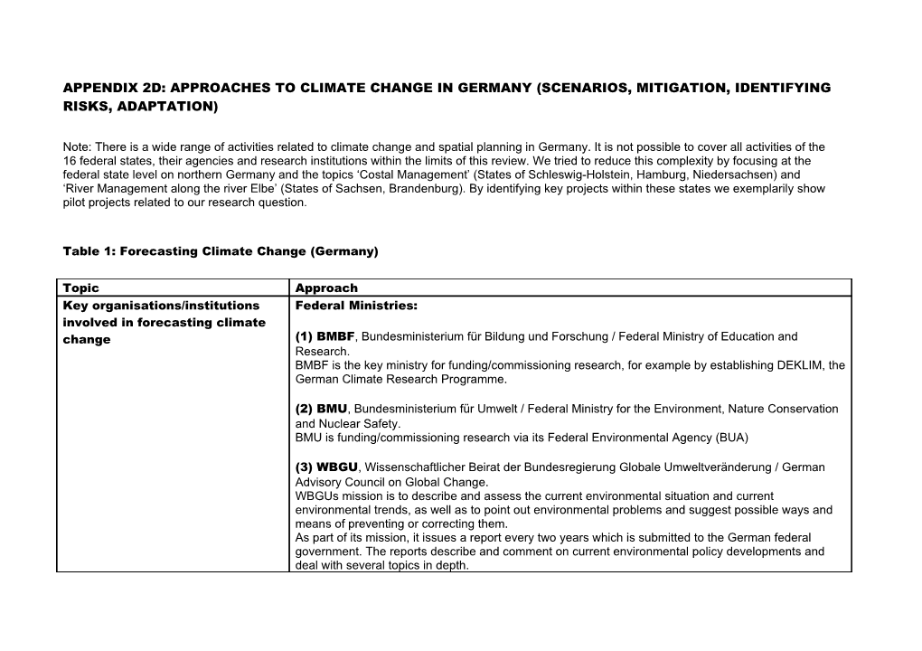 Appendix 2D: Approaches to Climate Change in Germany (Scenarios, Mitigation, Identifying