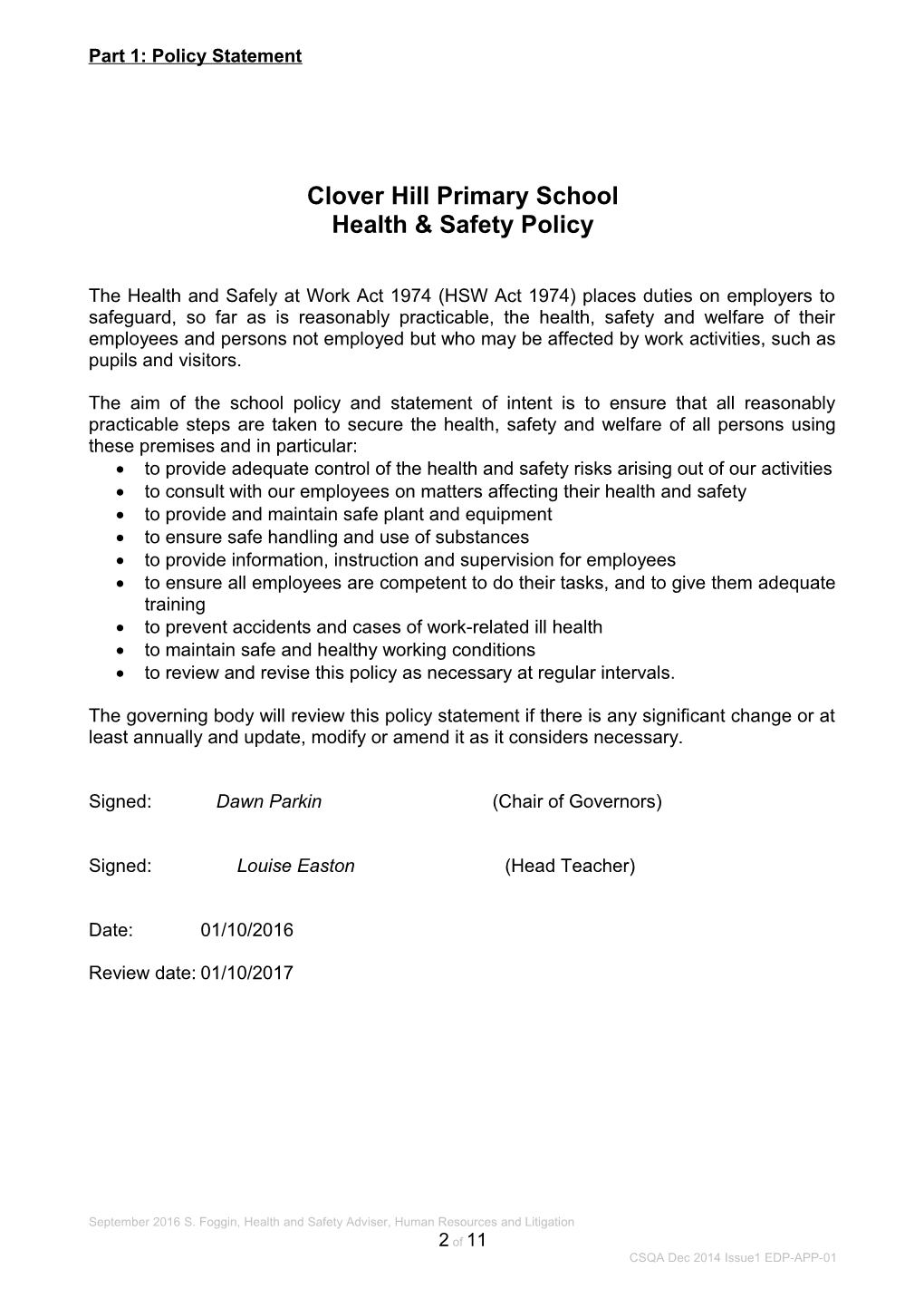 Model Framework for a School Health & Safety Policy