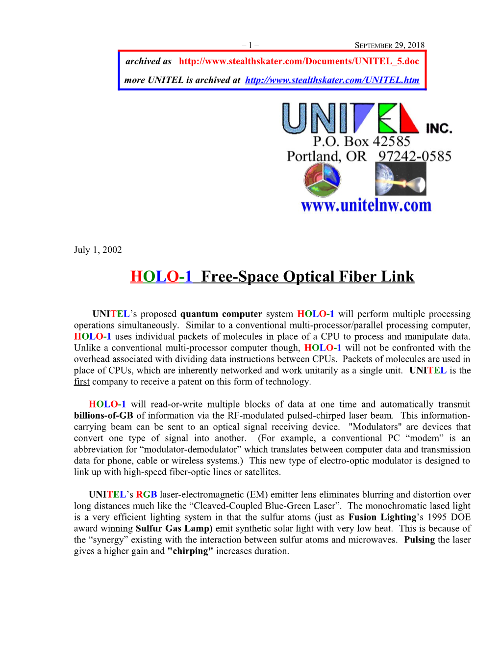 HOLO-1 Free-Space Optical Fiber Link