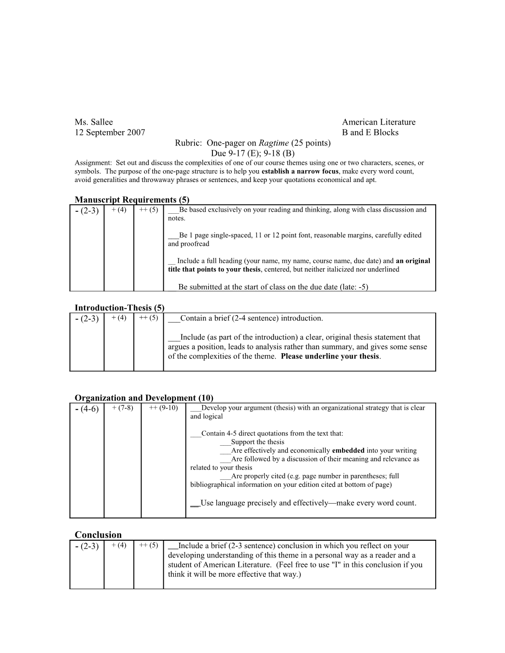 Rubric: One-Pager on Ragtime (25 Points)
