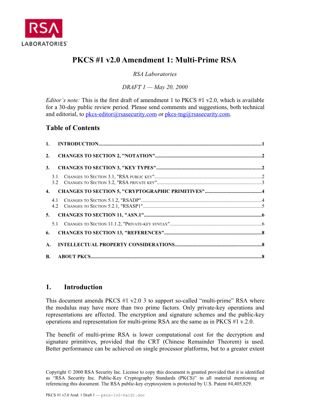 PKCS #1 V2.0 Amendment 1: Multi-Prime RSA