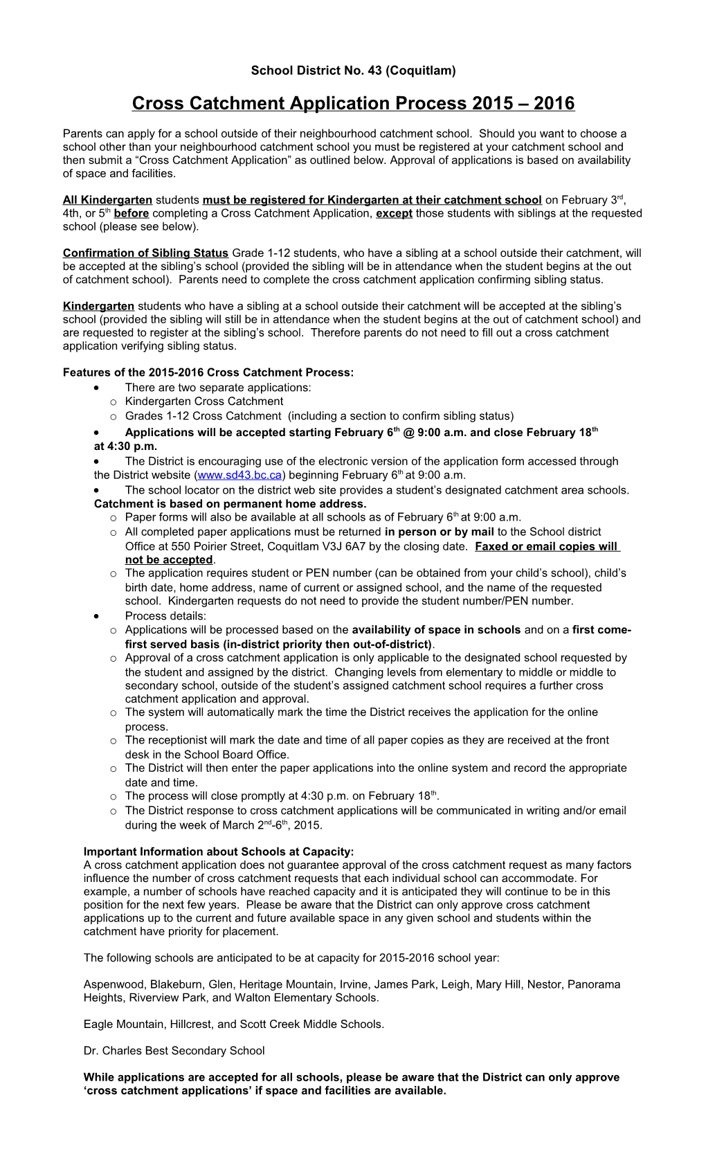 Cross Catchment Application Process 2015 2016