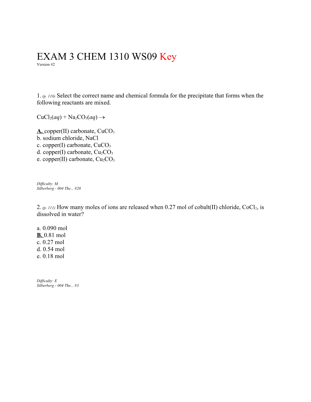 EXAM 3 CHEM 1310 WS09 Key Version #2