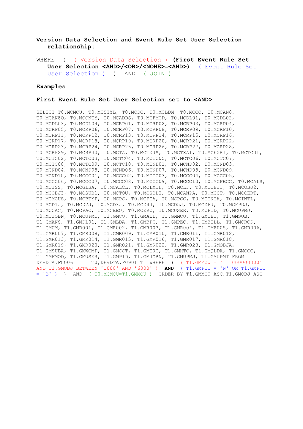 Version Data Sdelection and Event Rule Set User Selection Relationship