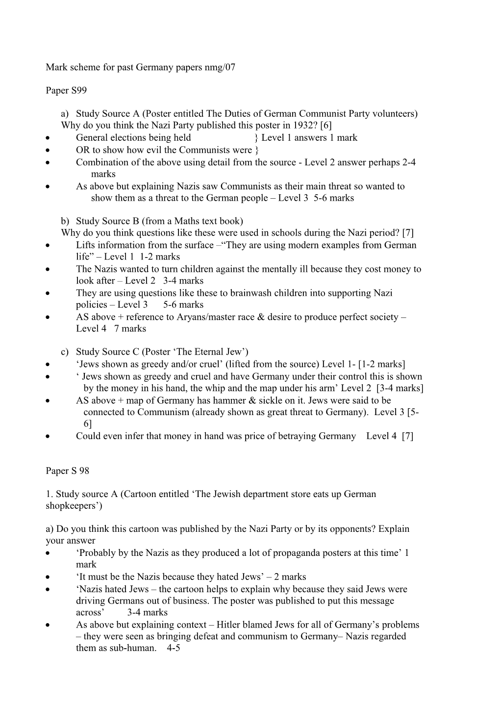 Mark Scheme for Past Germany Papers Nmg/07