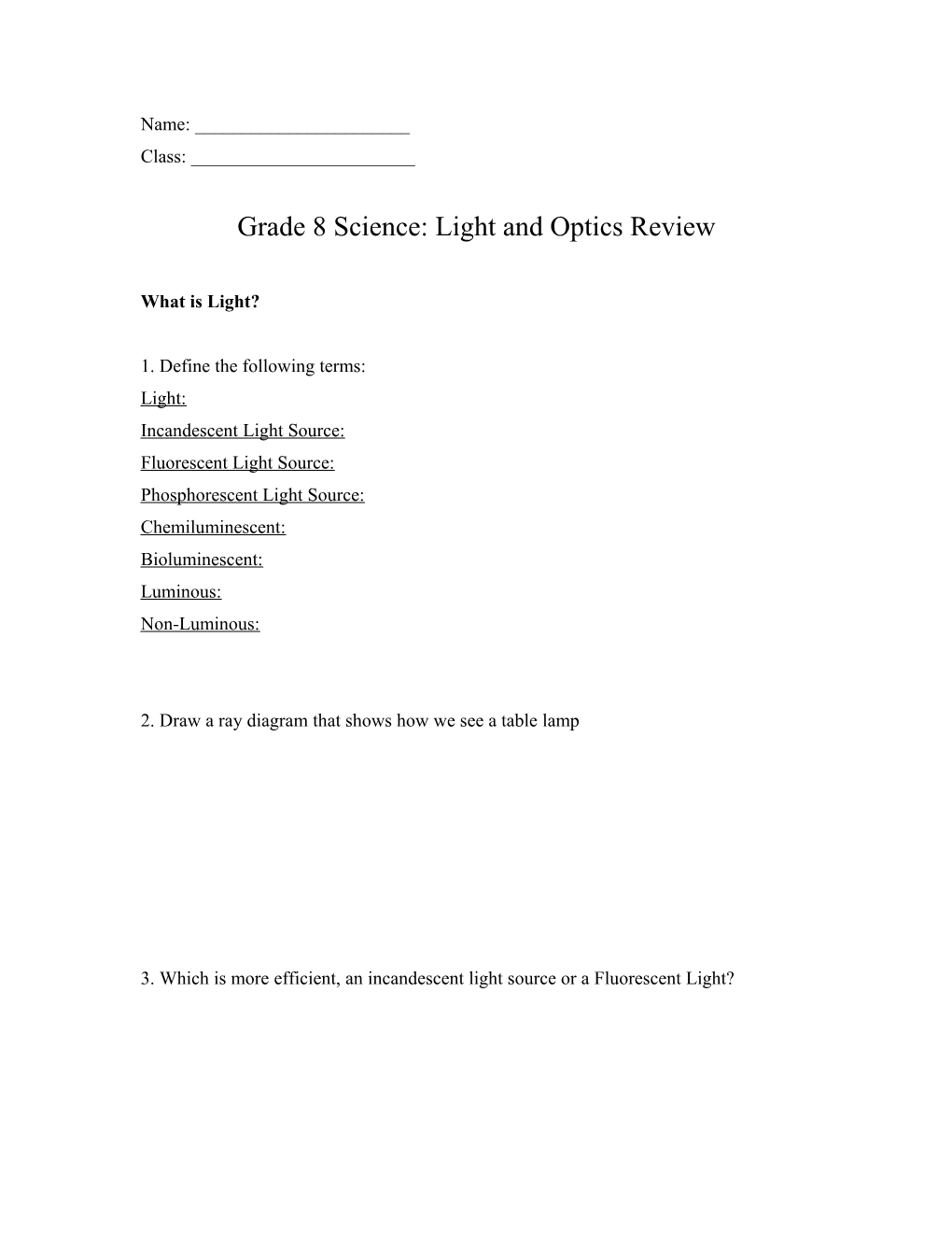 Grade 8 Science: Light and Optics Review