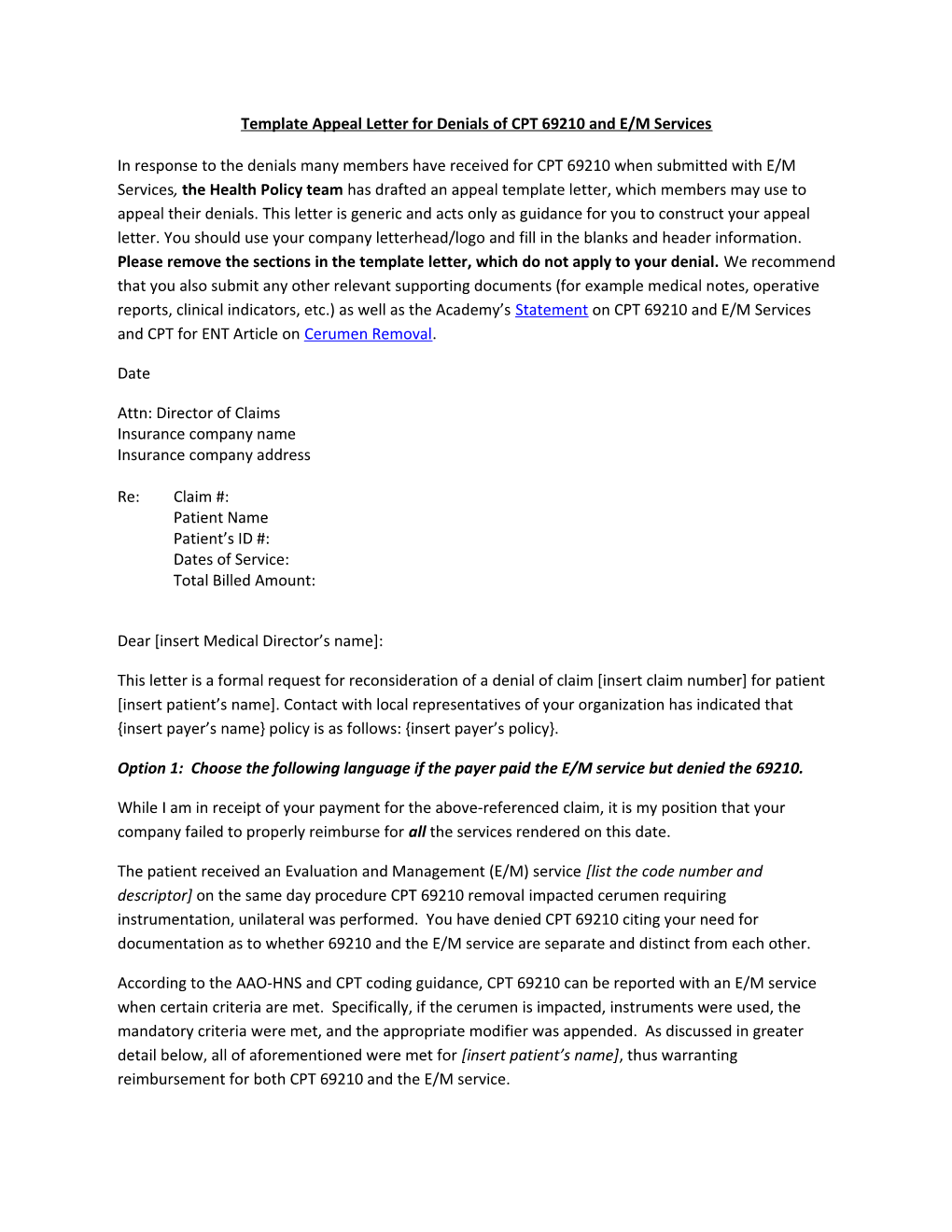 Template Appeal Letter for Denials of CPT 69210 and E/M Services