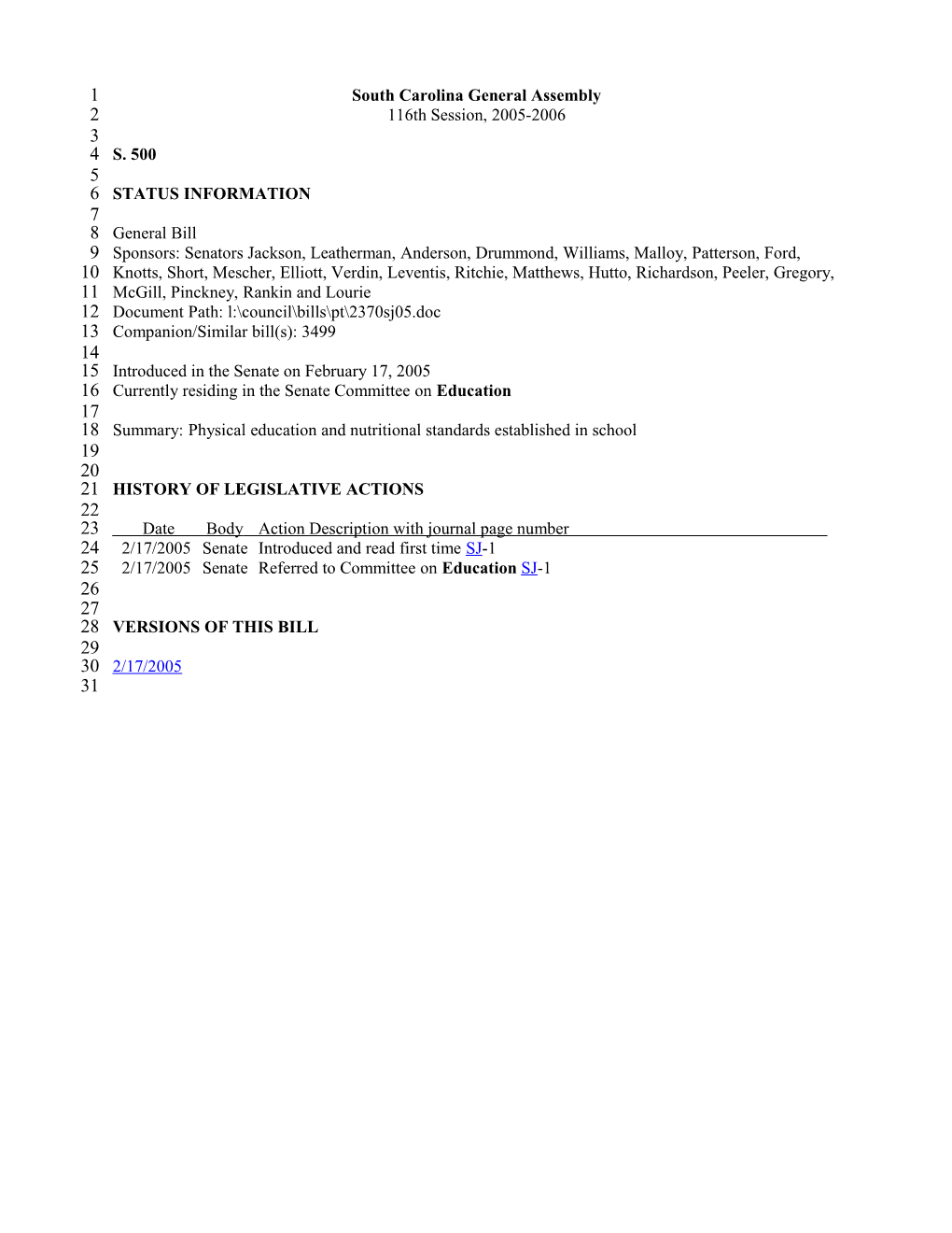 2005-2006 Bill 500: Physical Education and Nutritional Standards Established in School