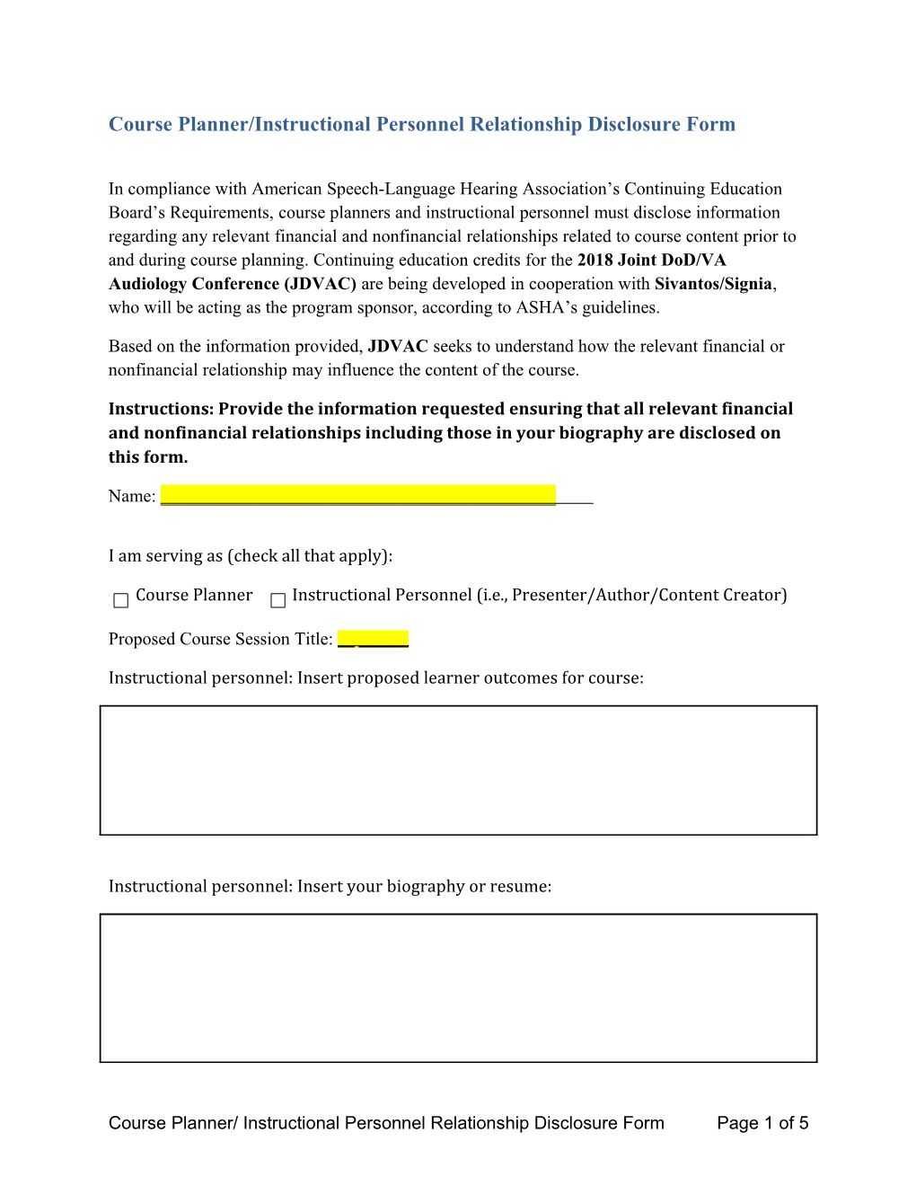 Course Planner/Instructional Personnel Relationship Disclosure Form