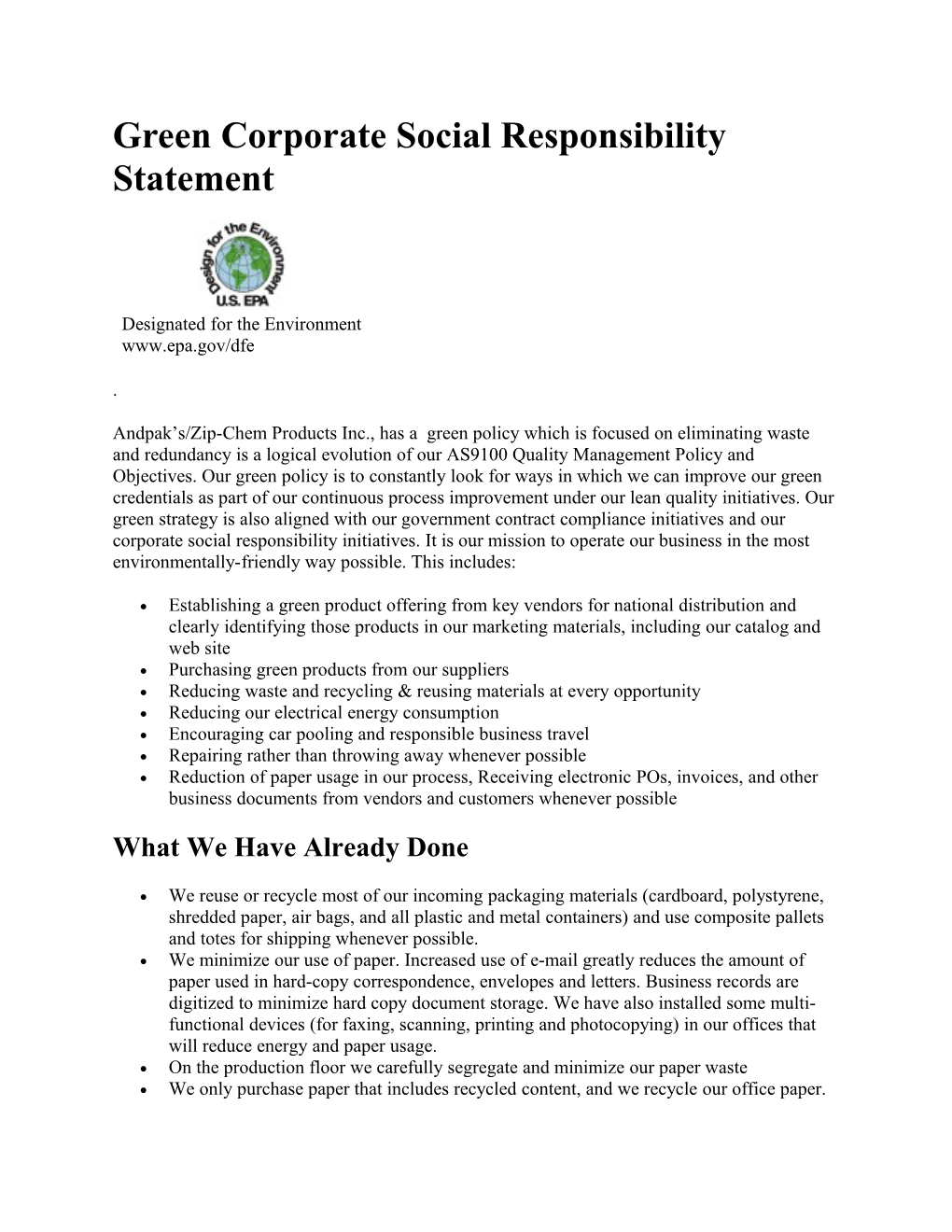 Green Corporate Social Responsibility Statement