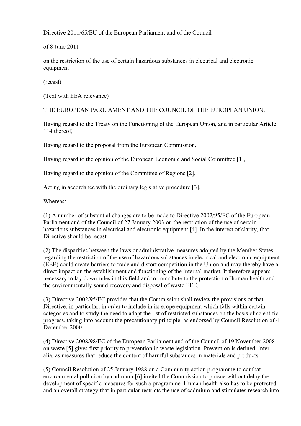 Directive 2011/65/EU Of The European Parliament And Of The Council