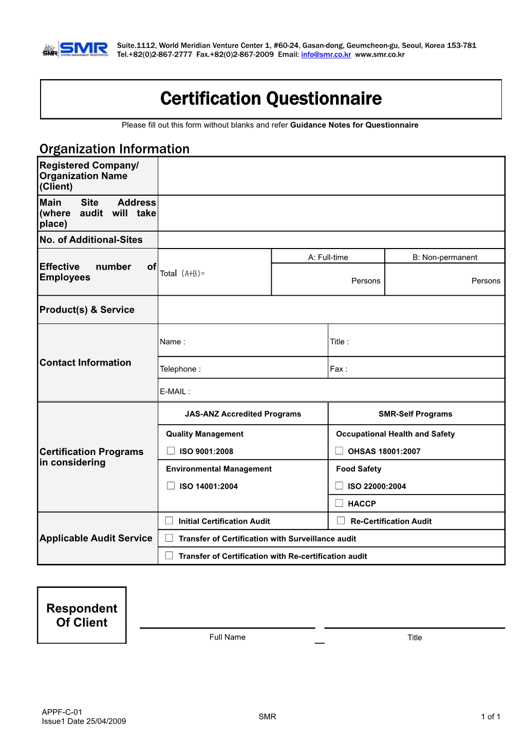 Guidance Notes for Questionnaire