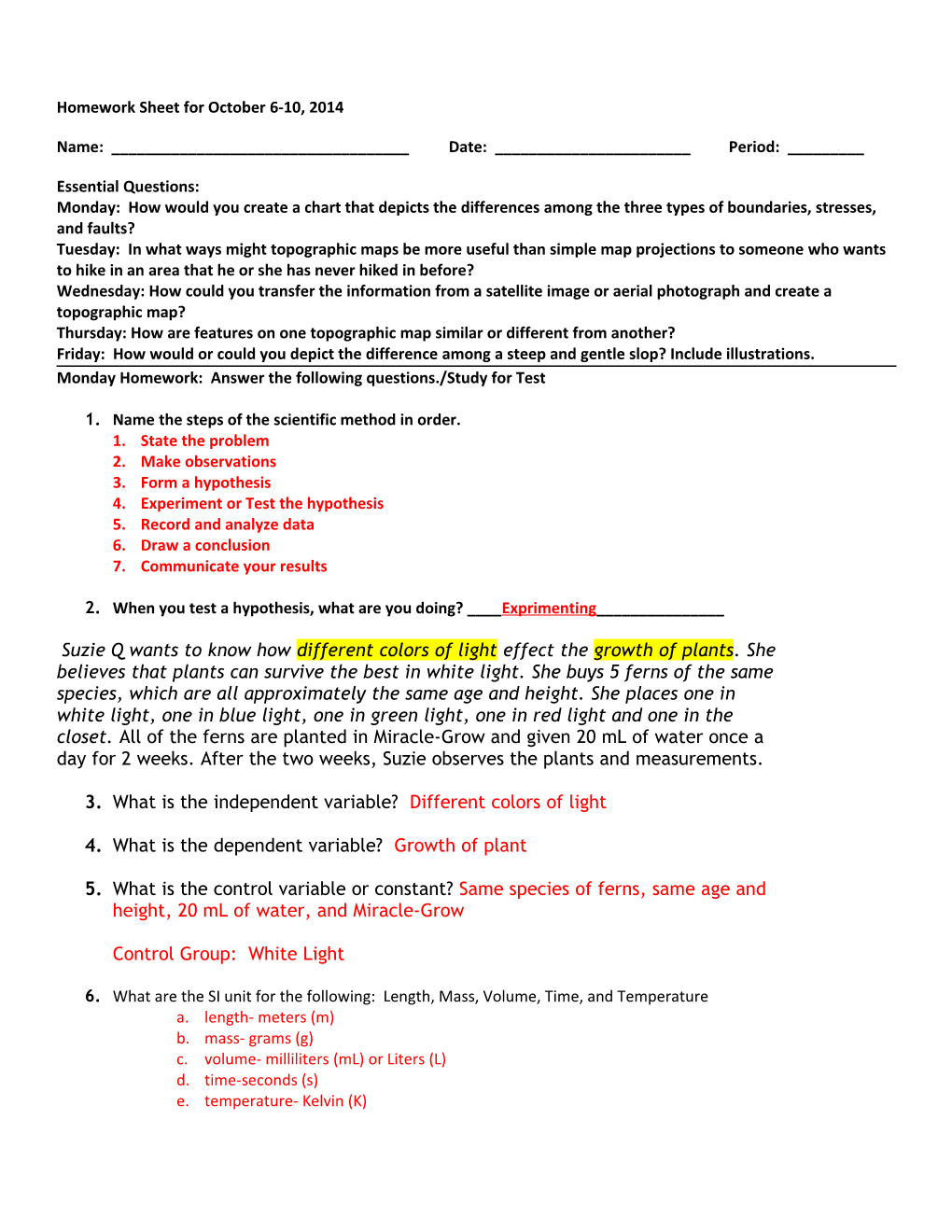 Homework Sheet for October 6-10, 2014