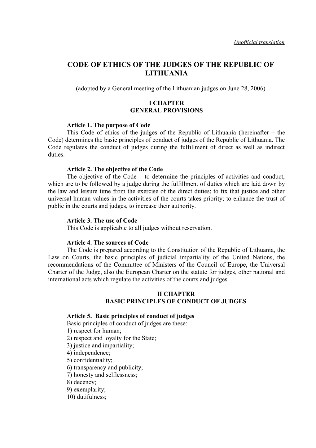 Code of Ethics of the Judges of the Republic of Lithuania