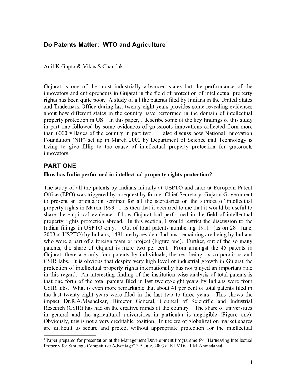 Do Patents Matter: WTO and Agriculture