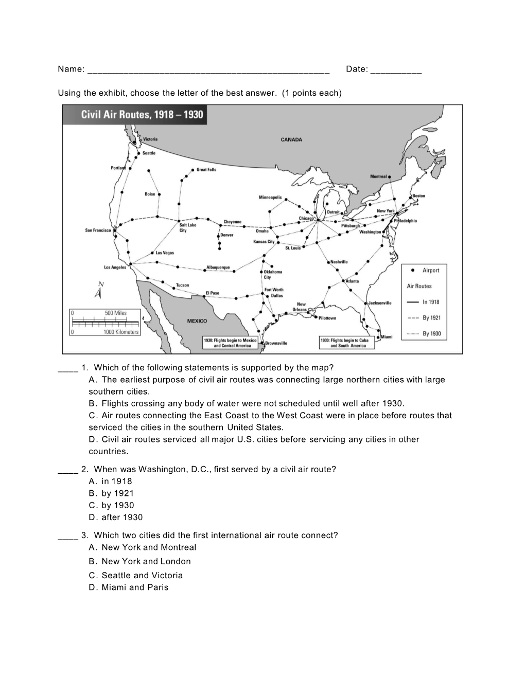 ____ 1. Which of the Following Statements Is Supported by the Map?