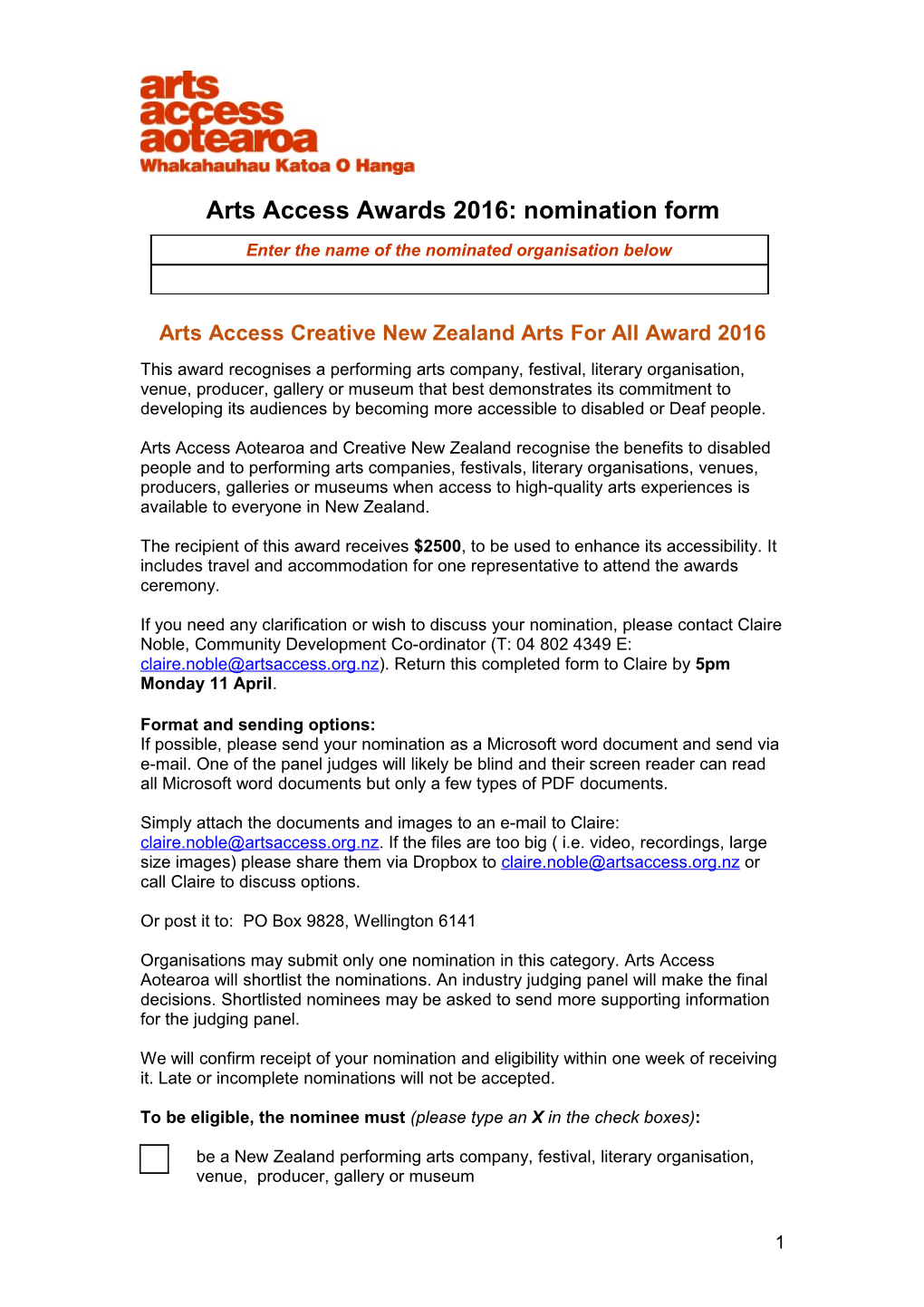 Arts Access Awards 2016: Nomination Form