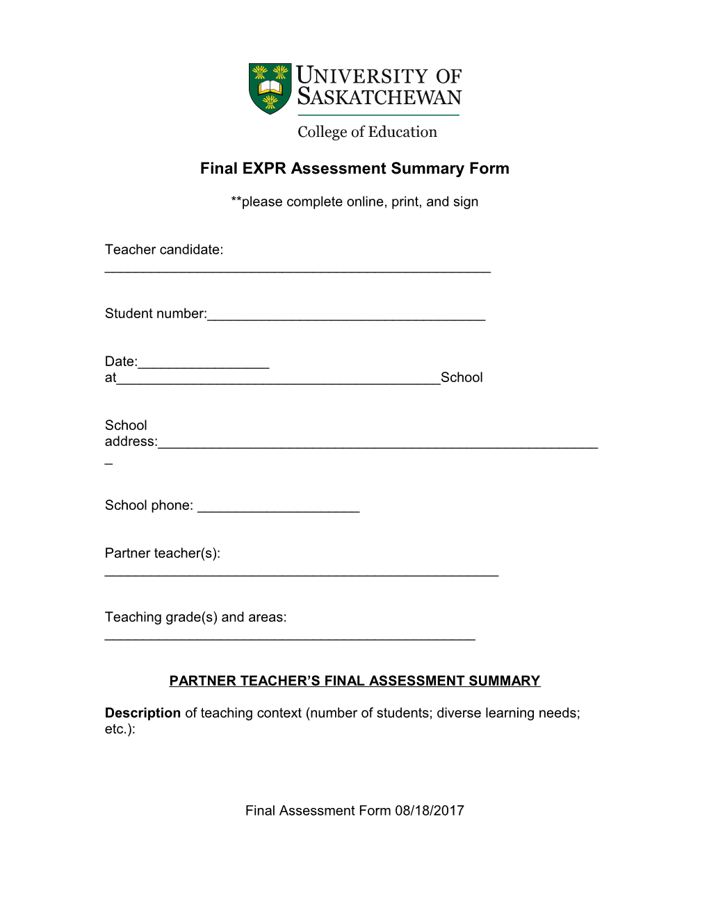Finalexprassessment Summary Form