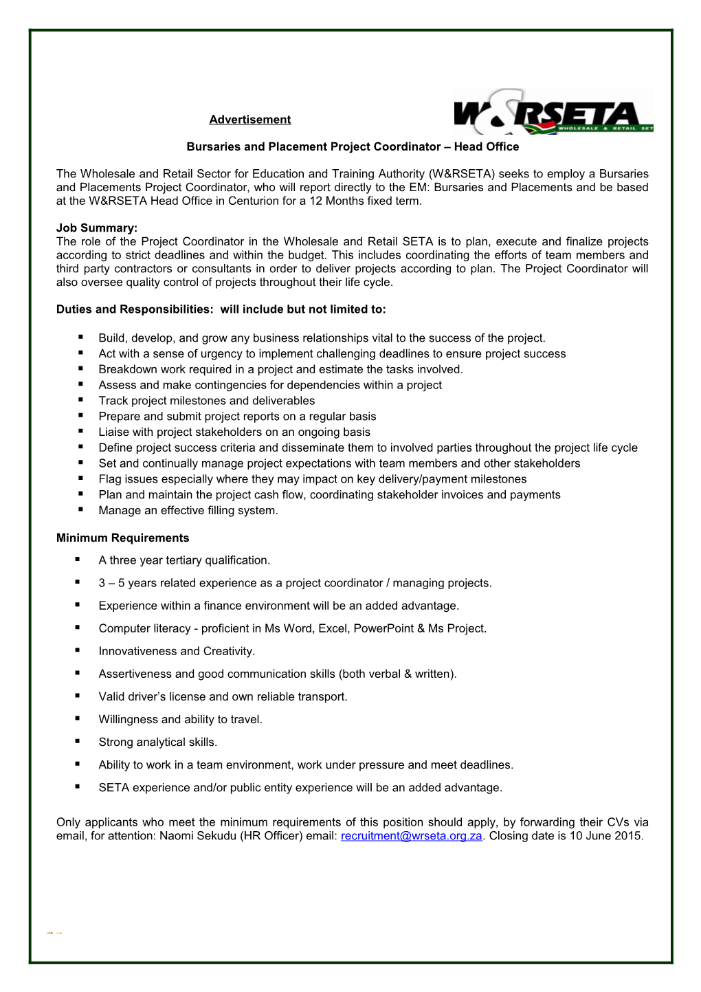 Bursaries and Placement Project Coordinator Head Office