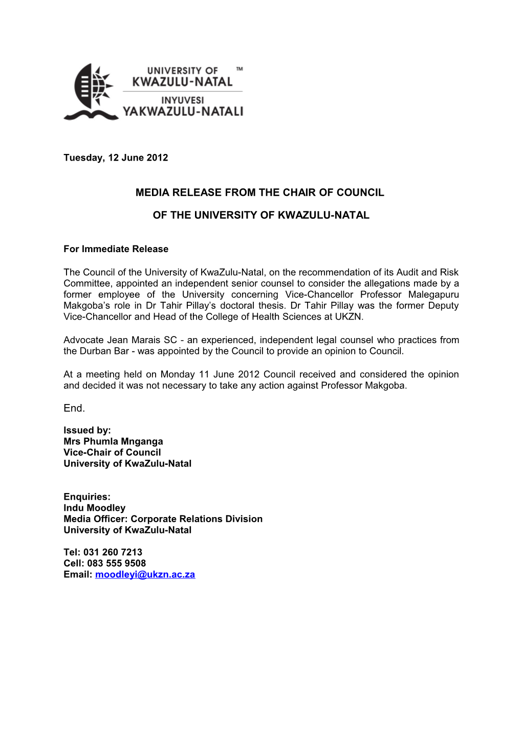 Media Release from the Chair of Council