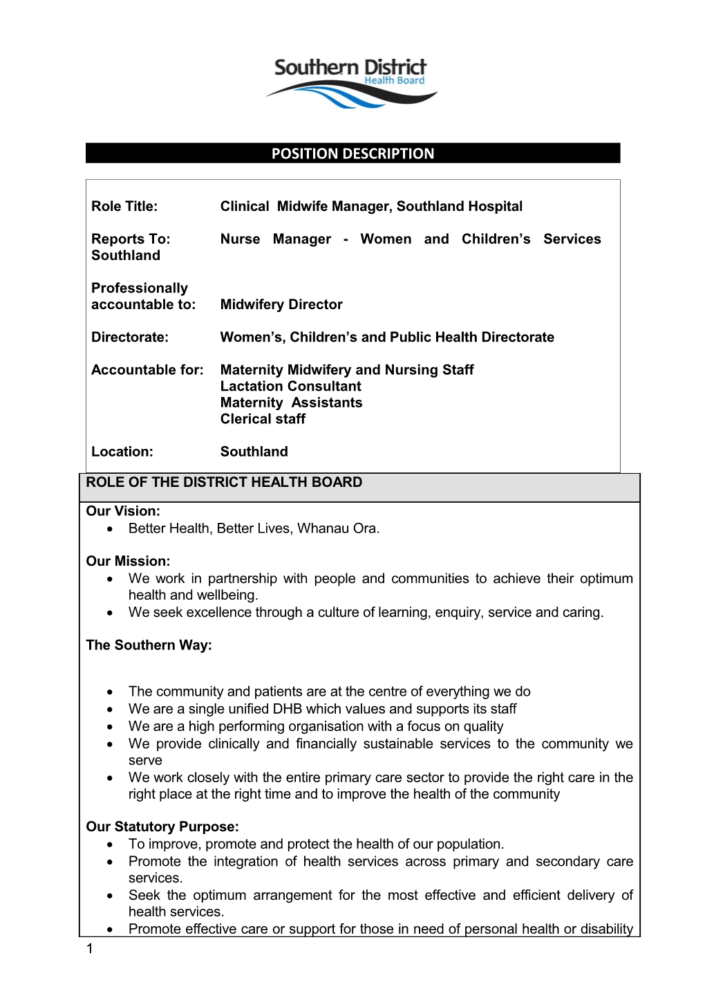 Role Title: Clinical Midwife Manager, Southland Hospital