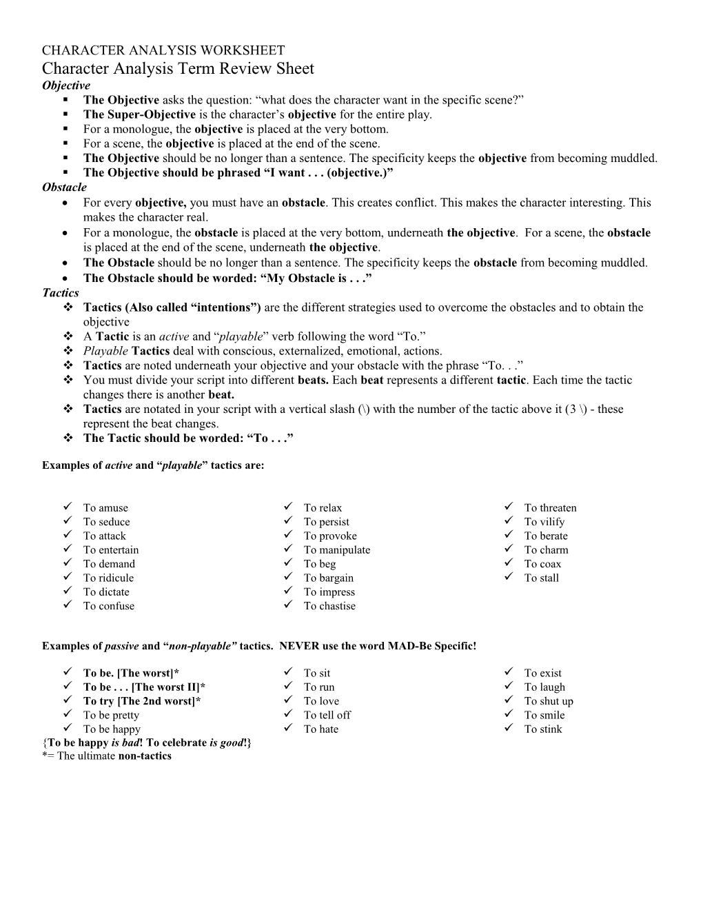 Character Analysis Term Review Sheet