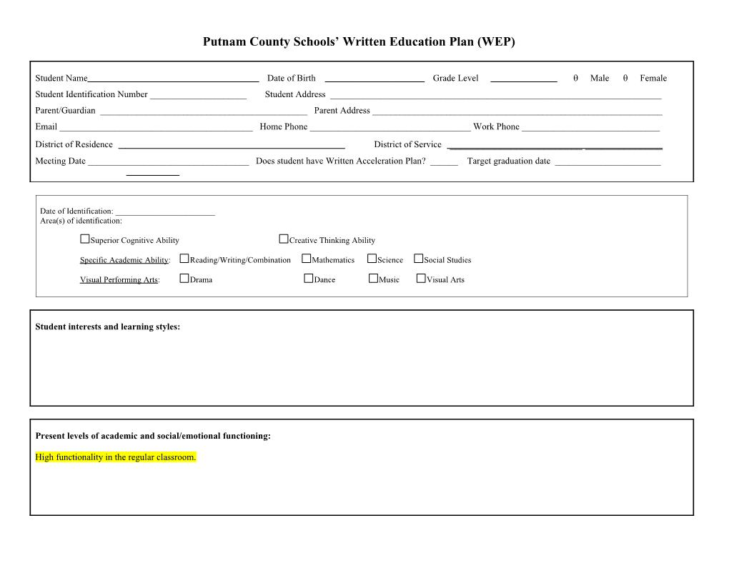 Putnam County Schools Written Education Plan (WEP)