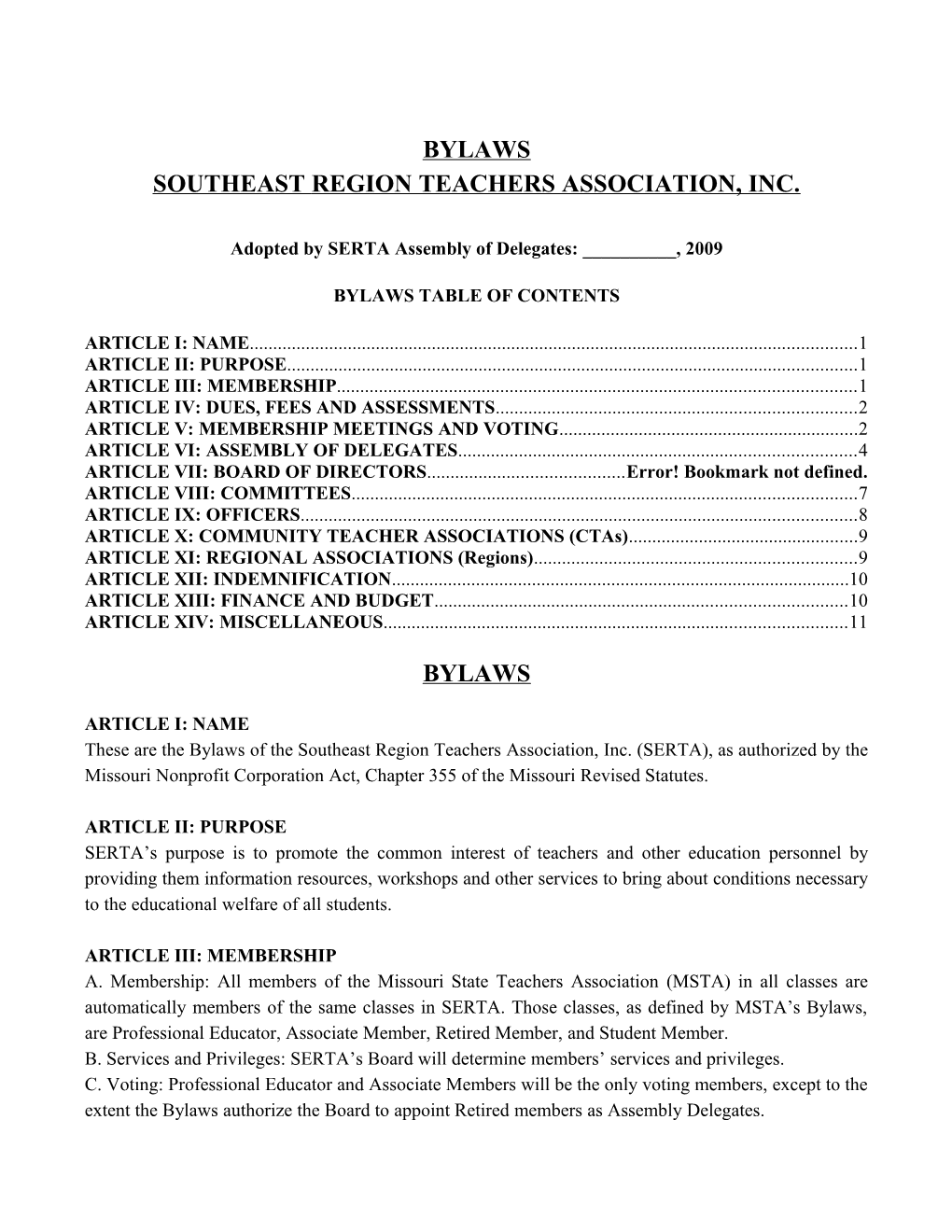 Bylaws of Southeast Region Teachers Association, Incpage 1