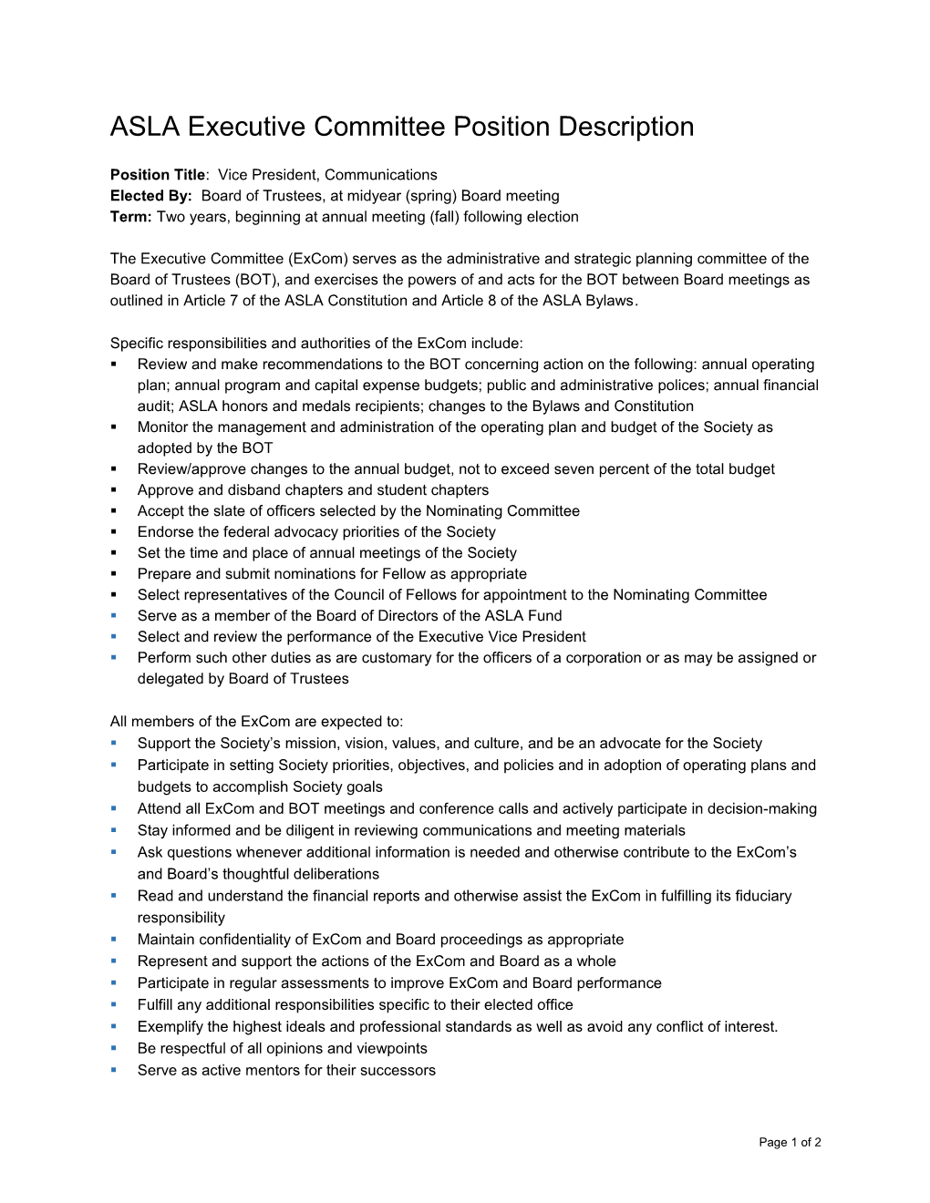 ASLA Executive Committee Position Description