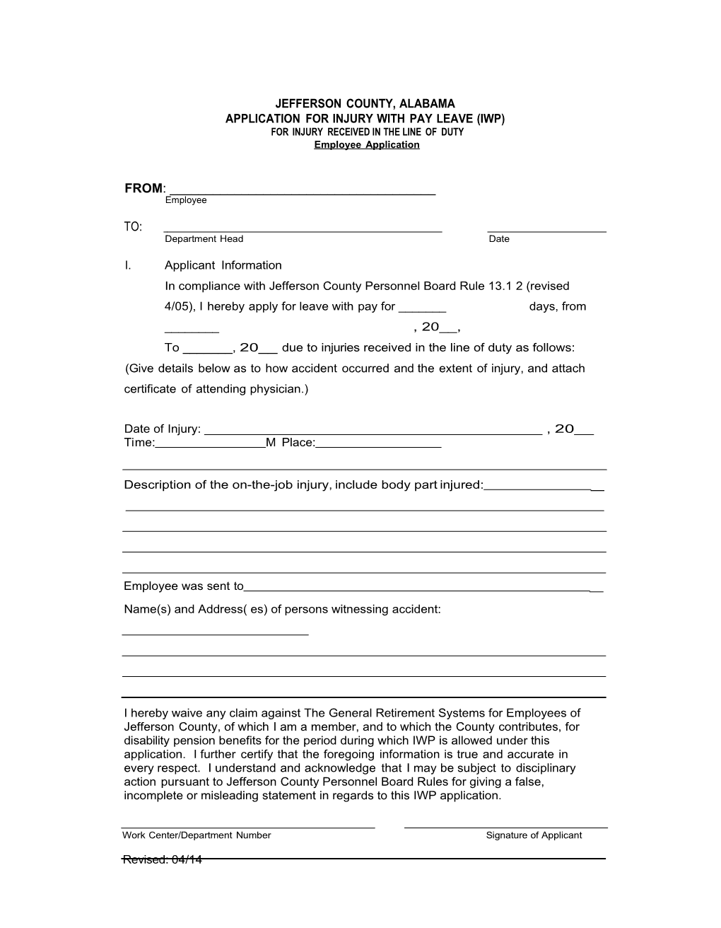 Jefferson County, Alabama Application for Injury with Pay Leave (Iwp)