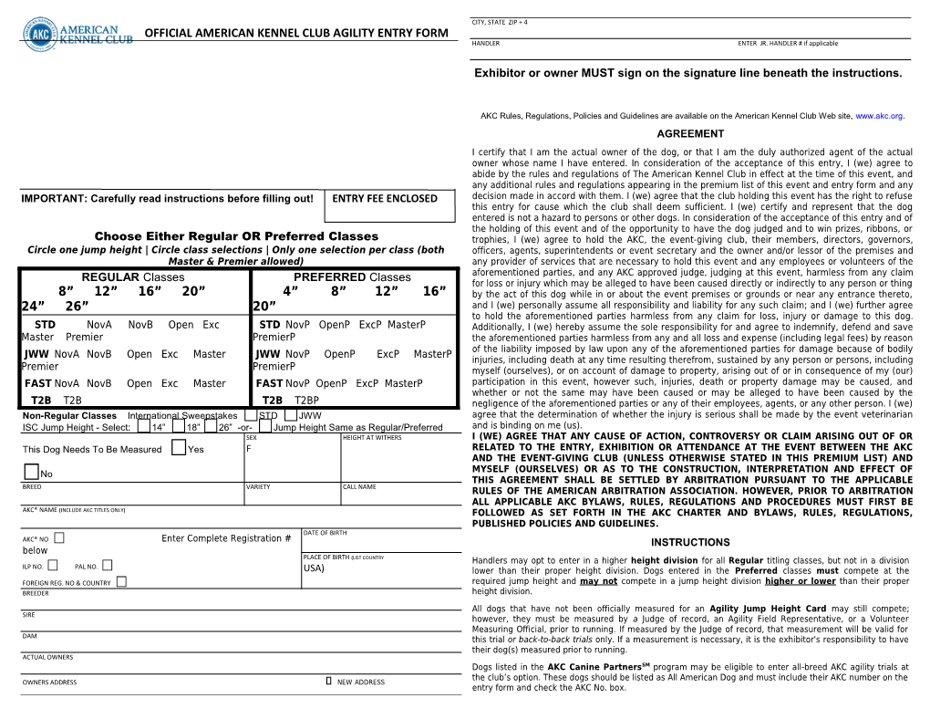 Official American Kennel Club Agility Entry Form