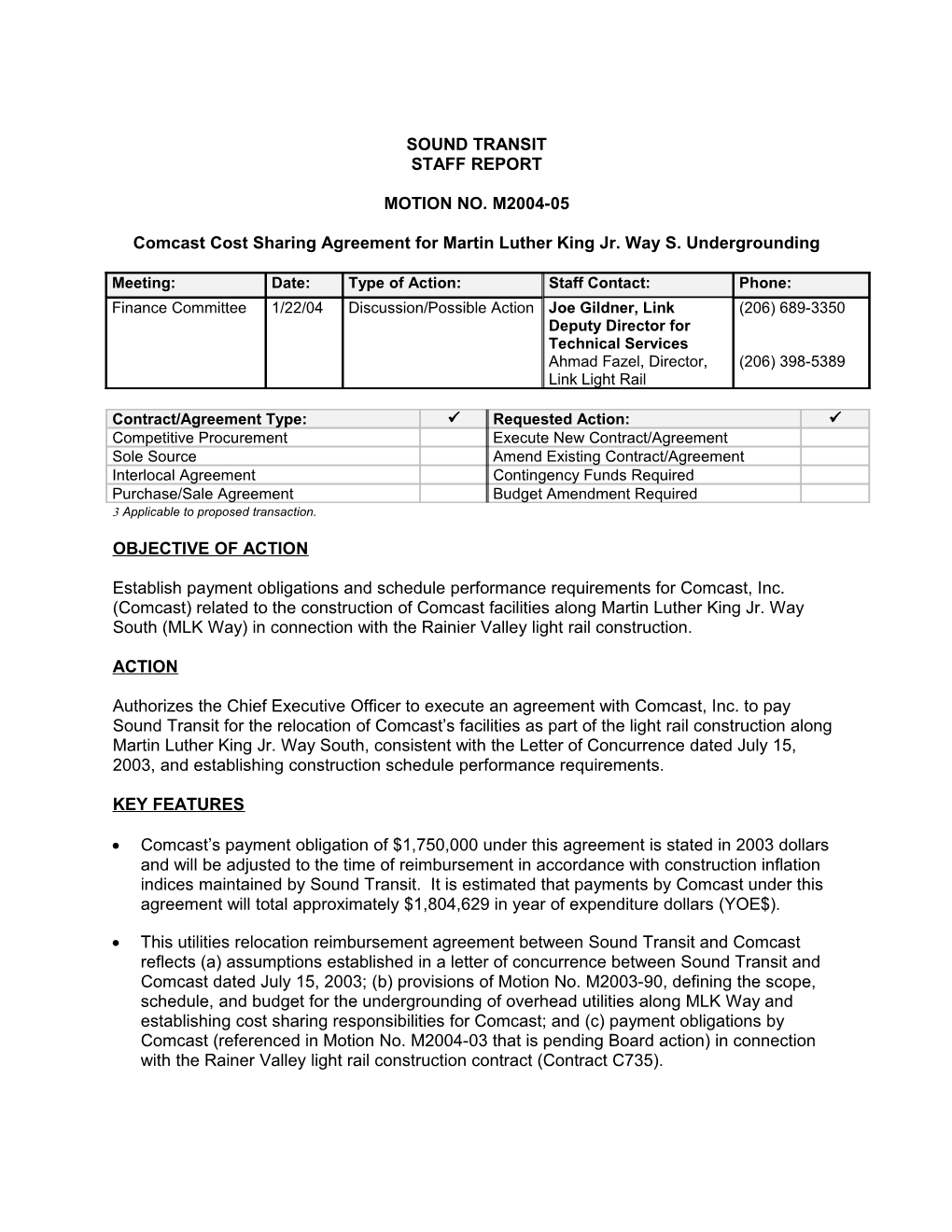 Comcast Cost Sharing Agreement for Martin Luther King Jr. Way S. Undergrounding