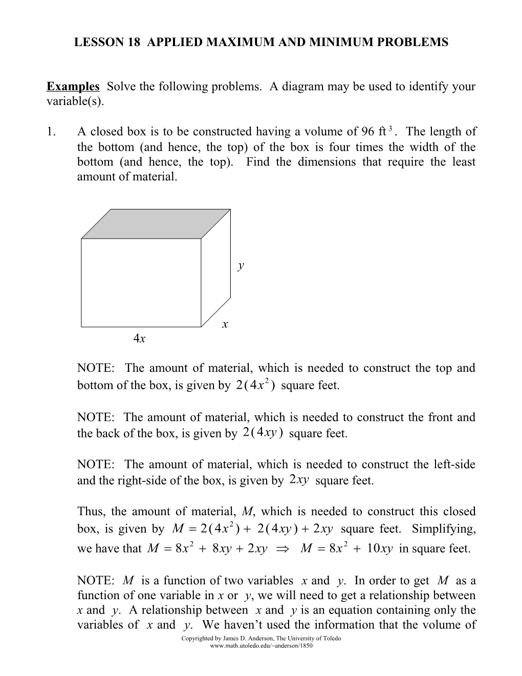 Lesson 18 Applied Maximum and Minimum Problems