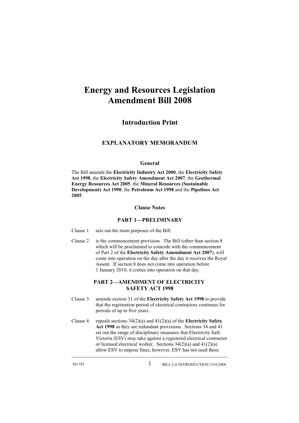 Energy and Resources Legislation Amendment Bill 2008