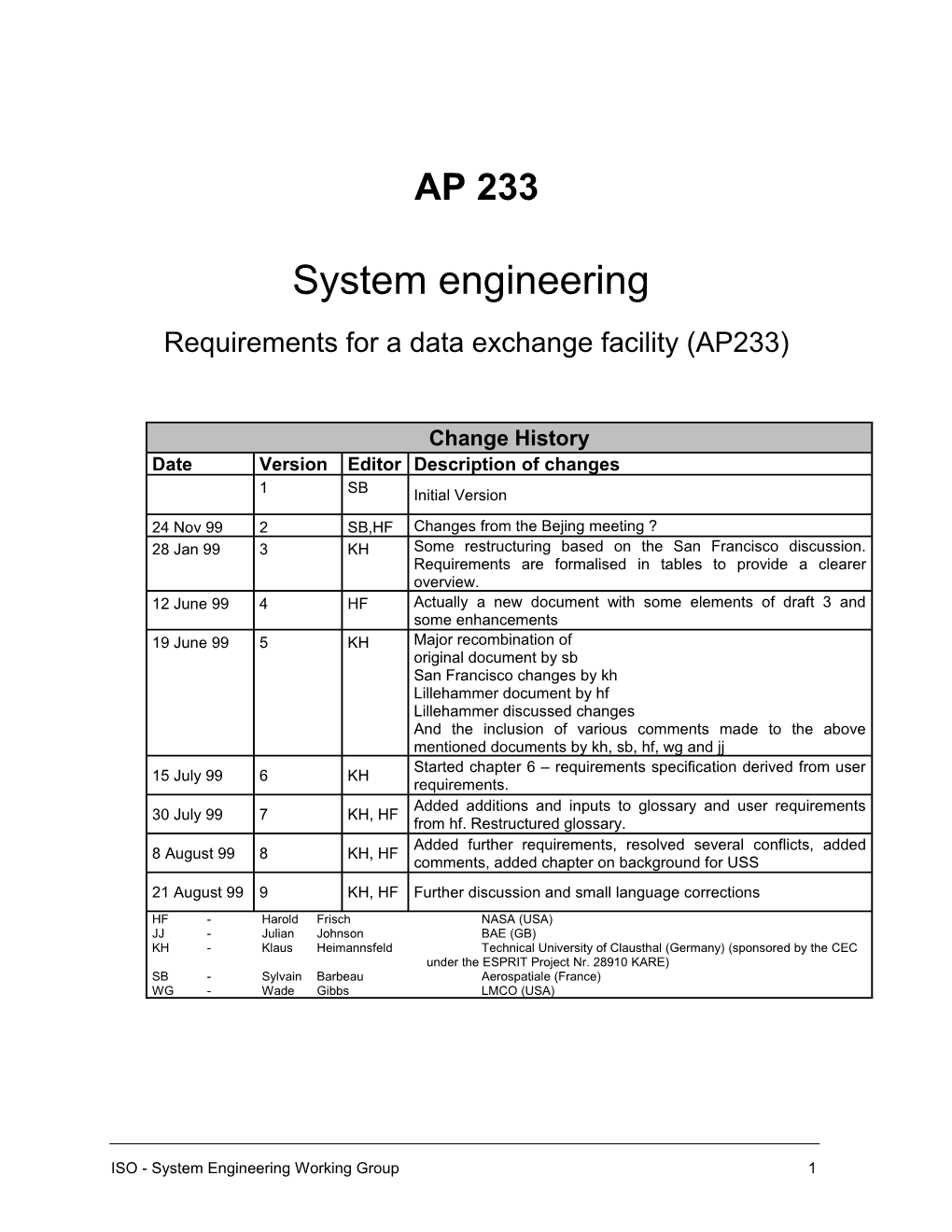 System Engineering Requirements for a Data Exchange Facility (AP233