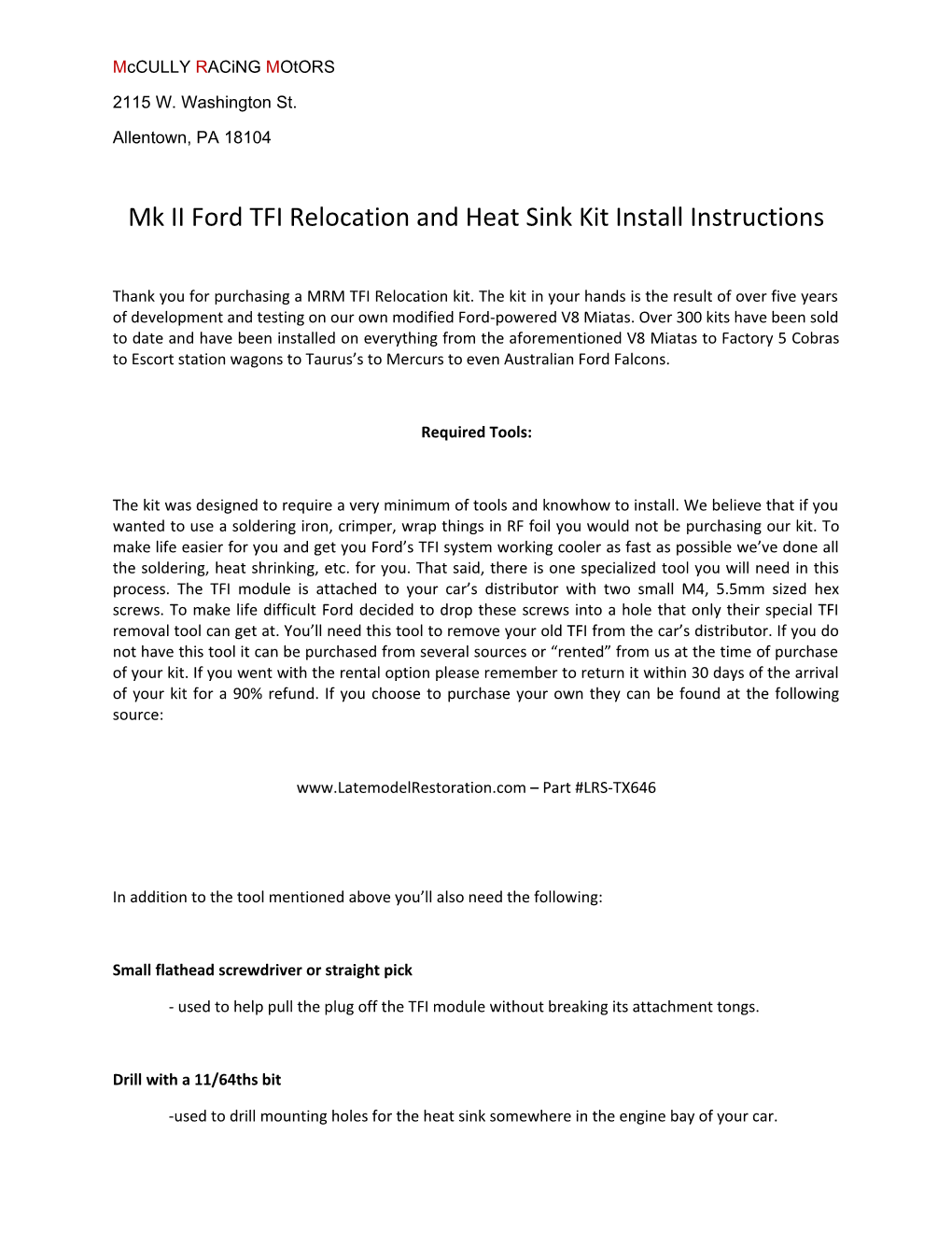 Mk II Ford TFI Relocation and Heat Sink Kit Install Instructions