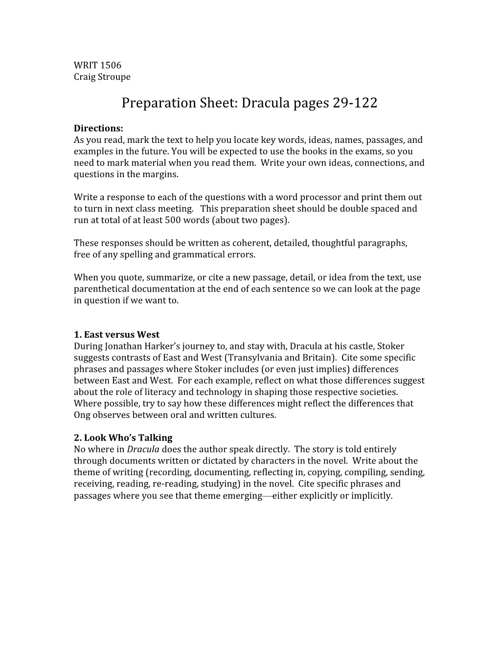 Preparation Sheet: Dracula Pages 29-122