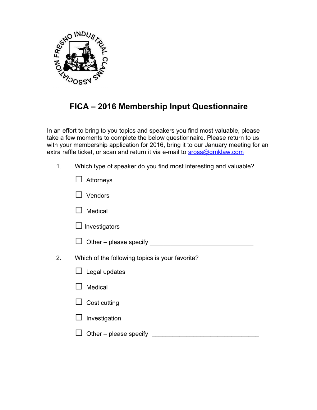 FICA 2016 Membership Input Questionnaire